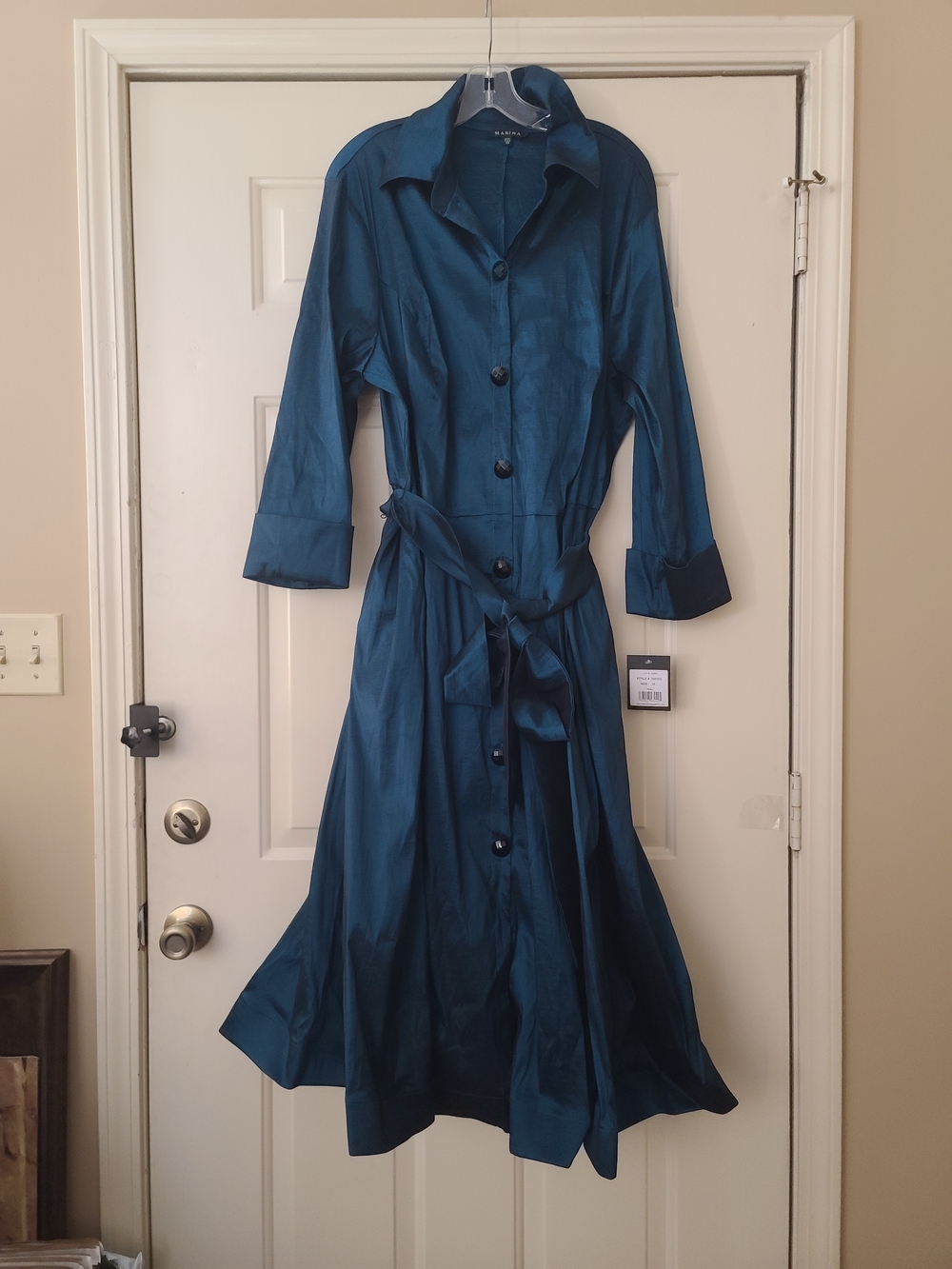 MARINA Teal Button-Front Long Sleeve Shirt Dress with Waist Tie